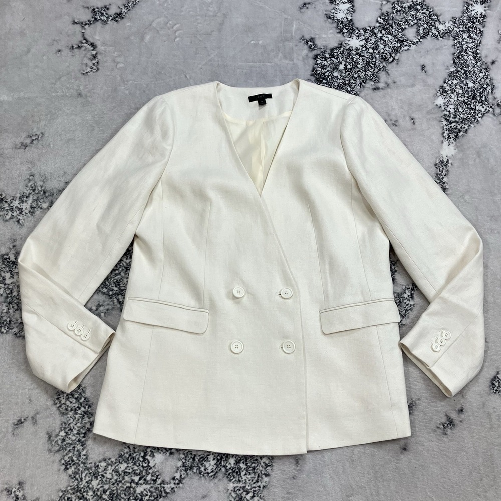 J.Crew Linen Blend‎ Double Breasted Blazer Womens Size14 Ivory Career Jacket